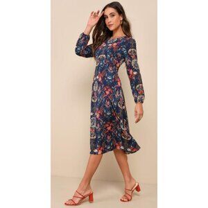 I.Madeline Navy Floral Botanical Midi Dress Long Sleeve Ruffle Hem XS